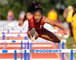 Taliya Rogers of Rancocas Valley in the shuttle hurdles at Saturday's Woodbury's relays.